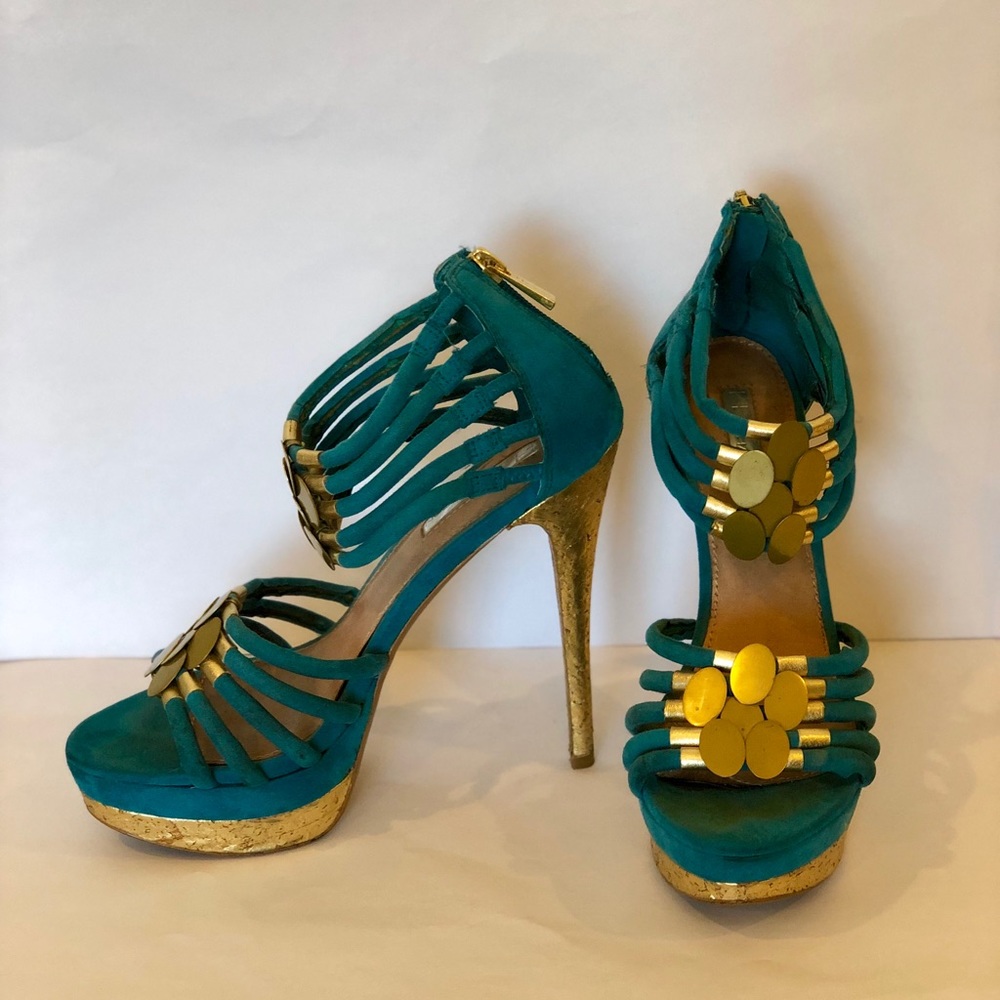 H by Halston Teal With Gold Strap Sandal Stilettos